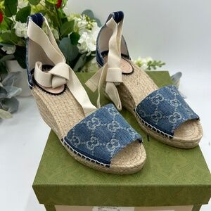Women’s Gucci PILAR denim espadrille wedge sandals size 36 made in Spain